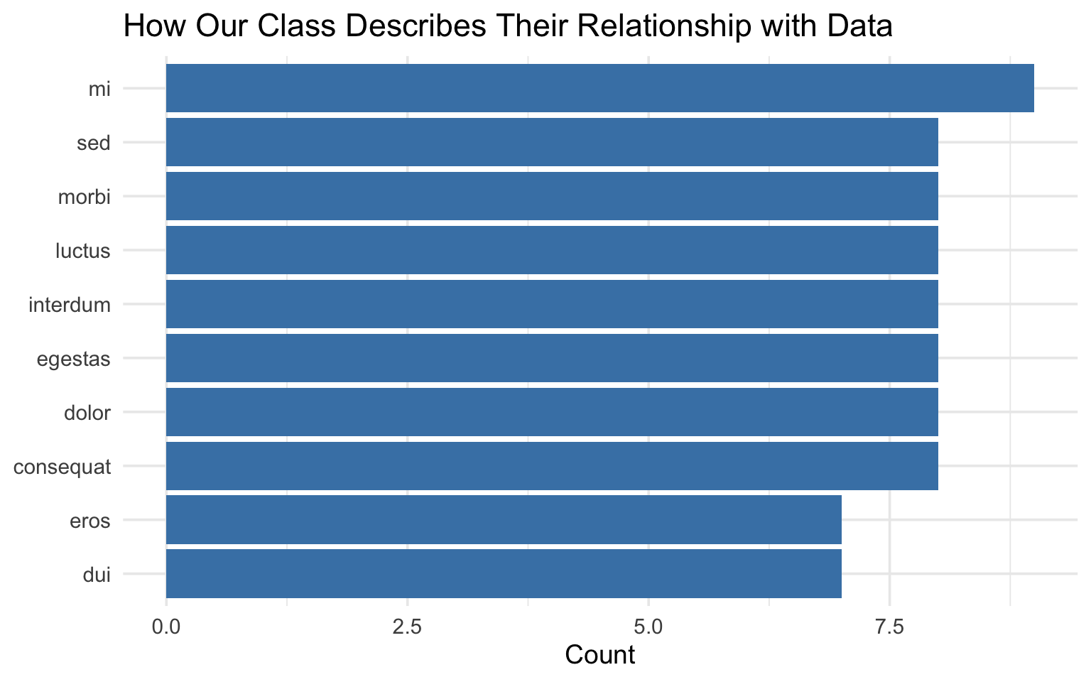 Horizontal bar chart showing the most common words students used to describe their relationship with data, ordered by frequency.