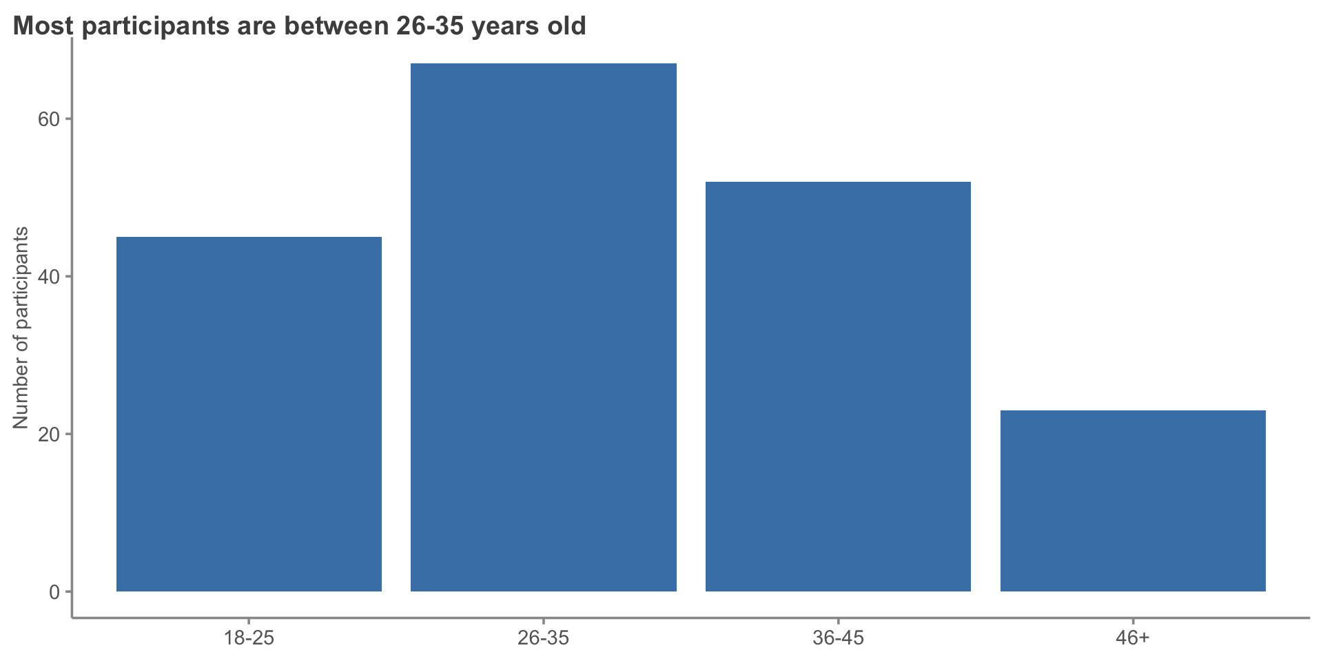 Improved bar chart of participants by age group using a single steelblue fill and an assertion title highlighting that the 26-35 age group is the largest.